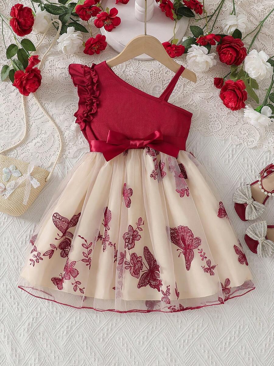 Girls' Spaghetti Strap Ruffle Hem Dress, Patchwork Butterfly Embroidery Mesh Shoulder Strap Stylish Dress, Suitable For Party, Birthday, Outdoor, Vacation - Burgundy - View 1
