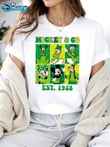Disney Women's Mickey & Friends St. Patrick's Day "Mickey & Co" Character Collage Short-Sleeved T-Shirt - Amusement Park Lucky Theme Round-Neck Top, Soft Cotton Breathable Fabric, Summer Casual Vacation Style, Fun Design, Suitable For Parade & Daily Leisure, Breathable And Comfortable - 白色 - 查看 1