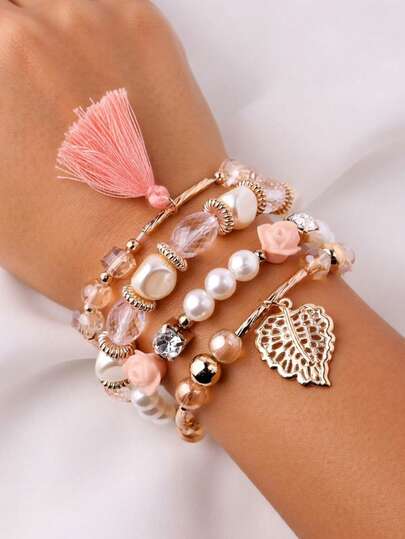 4pcs Bohemian Vintage Faux Pearl, Copper Tube, Multi-Element Beaded, Tassel, Alloy Leaf Women Bracelet Set, Suitable For Daily, Casual, Beach, Holiday Wear, Gift For Family And Friends, Birthday, Festival