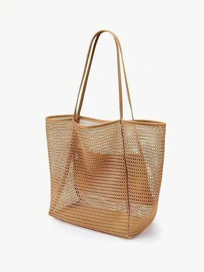 1个可折叠网眼沙滩包，女士单肩包，适合户外活动和旅行，大容量收纳盒，可装化妆品、护肤品、手机、零钱和小物件，波西米亚风夏季必备