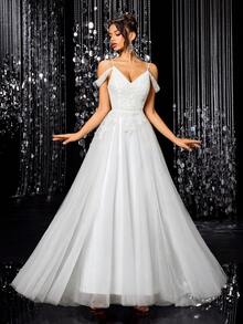 A-Line Lace Beaded Tulle Wedding Dress, Spaghetti Strap Formal Evening Gown - White - View 8