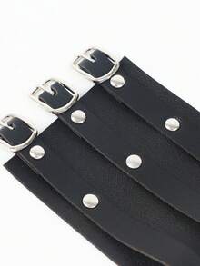 Punk Gothic-Style Black PU Leather Triple-Layer Bracelet, Adjustable Rivet Buckle Design, Dark Queen Statement Wristband Accessory, All-Season Versatile Item To Elevate Outfit Edge & Coolness - Black - View 3