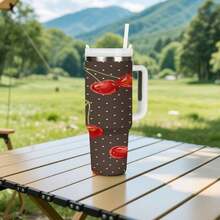 1 Piece Dark Brown Polka Dot & Cherry Print Car Tumbler, For Retro Sweet & Cool Style Enthusiasts, Insulated & Leak-Proof & Portable, Stunning Design, Ideal For Retro Outfits And Gifting. - trắng - Xem 8