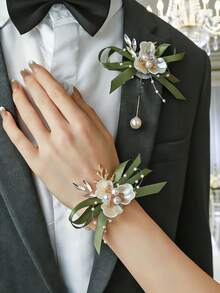 1/2片白色三角叶，配绿色丝带和小珠子，高端新郎/伴郎胸花，适合新娘、伴娘、婚礼、订婚、舞会、派对装饰、日常佩戴 - 綠色 - 查看 6