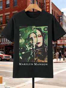 Maglietta nera con stampa artistica di Marilyn Manson, tessuto di alta qualità, girocollo, vestibilità comoda, stampa grafica unica - nero - Visualizzare 2