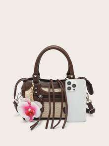 1 pieza Bolso de mano de mujer estilo retro de motociclista con remaches y decoración de lazo, correa de hombro ajustable tipo bandolera adecuado para vacaciones y compras al aire libre - Albaricoque - Ver 3
