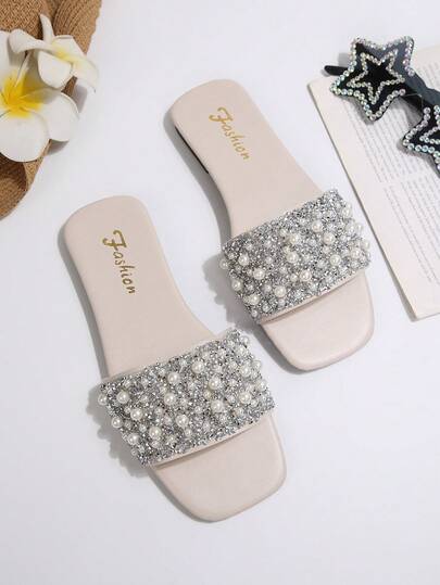 Women's Sandals Slippers, Lightweight Non-Slip Casual Wear Outdoor Sandals, Versatile Flat Beach Slippers With Rhinestones, Suitable For Beach And Leisure