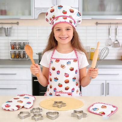 4pcs/11pcs Children's Pretend Play Cooking Set, Apron Baking Set, Cooking And Baking Chef Costume Props, Chef Hat And Utensils Children's Cooking Set, Dress Up And Pretend Kitchen Toys, For Children's Kitchen Play, Simulation Kitchen Toy Set, Family Interactive Toys, Girls Birthday Gift, Christmas Gift, Back To School Gift, Suitable For Halloween Children's Costume, Children's Clothing, Children's Apron, Children's Costume