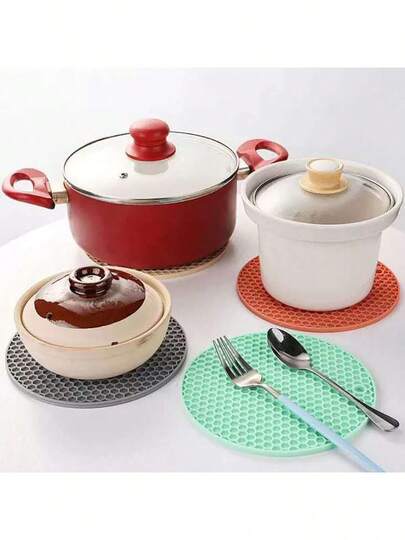 Candy Color Round Honeycomb Rubber Heat Insulation Pad, Dining Table Mat, Kitchen Pot Holder, Cup Coaster, Bowl Mat, Anti-Slip Placemat