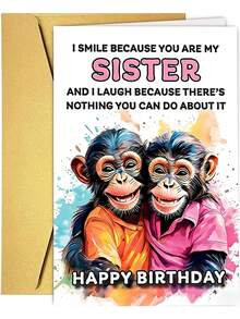 1pc Funny "Smile Because You're My Sister" Birthday Greeting Card With Red Envelope, Chimpanzee Illustration, Perfect Birthday Card For Sister & Siblings - View 8