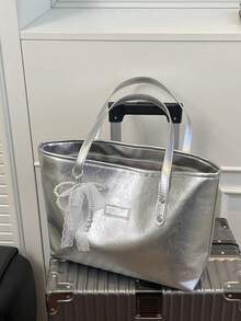 1pc Silver Spring New Pearl Decor Solid Color PU Tote Bag, Large Capacity Women Shoulder Bag - Silver - View 2