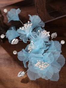 1pc Handmade Chiffon White Flower Lace Hair Clip, Photography Studio Wedding Dress Headpiece Accessory - 89928 Blue - View 6