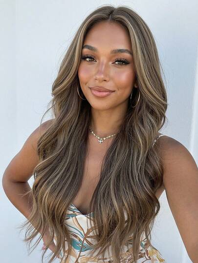 24 Inch Brown Mixed Color With Golden Highlights Body Wave Wigs For Women, Machine Made Heat Resistant Synthetic Wig