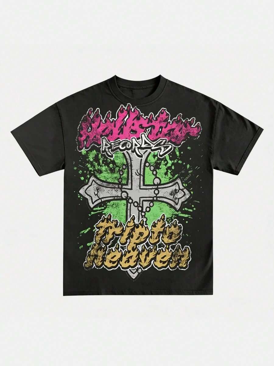 Hellstars Records Trip To Heaven Cross Rosary Y2K Graphic T-Shirt,220g 100% Cotton,Round Neck Short Sleeve,Black Streetwear Essential For Summer Going Out,Unisex Style - Black - View 1