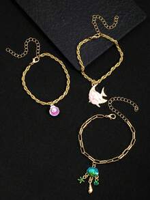 3pcs/Set Ocean Style Shell, Starfish, Fish Faux Pearl Pendant Bracelets, Summer Beach Party Jewelry For Women - Multicolor - View 2