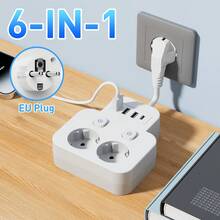 Ổ cắm điện đa năng 6 trong 1 với cổng USB, thiết kế nhiều công tắc, bộ chuyển đổi du lịch, cổng sạc USB, công tắc độc lập, có thể gắn tường, thích hợp cho văn phòng/gia đình, trạm sạc ổ cắm điện kéo dài - Phích cắm loại EU E (220-240V) - Xem 3