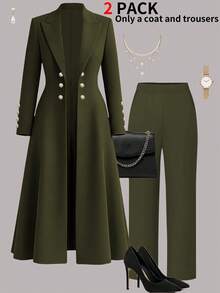 女士春季优雅通勤两件套，橄榄绿长款收腰复古英伦双排扣大衣搭配简约休闲直筒裤 - 軍綠色 - 查看 2