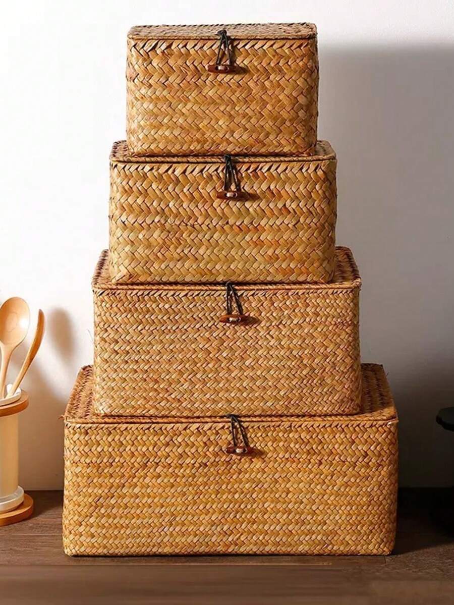 Rattan Storage Basket With Lid, Natural Seagrass Woven Rectangular Storage Box, Multi-Purpose Home Organization & Decor - Brown - View 1