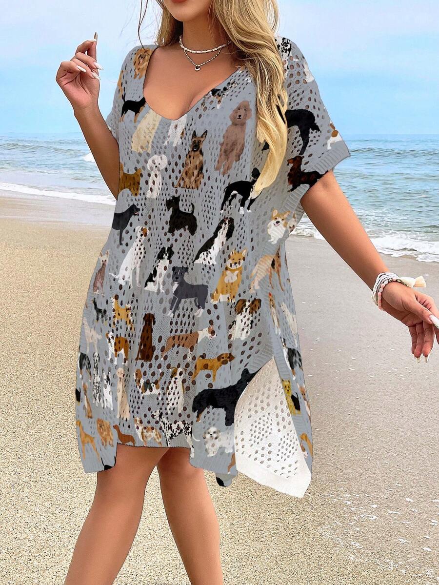Women's Beach Cover Up, Fashion Casual Hollow Out Printed Swimsuit Cover Up (Bikini Not Included) - Multicolor - View 1