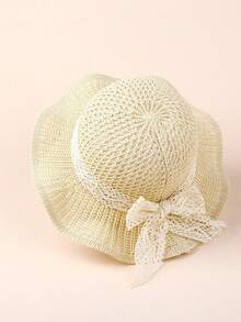 女童清新蕾丝蝴蝶结草帽，波浪帽檐遮阳帽，儿童透气编织帽，适合夏季外出 - 1PC - 查看 6