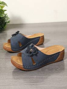 Sandal đế bằng nữ với họa tiết hoa 3D, đế dày, siêu nhẹ, sandal đế xuồng phong cách bohemian cho kỳ nghỉ và hoạt động ngoài trời. - Màu xanh hải quân - Xem 6