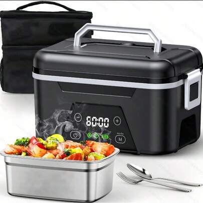 1.5L Cordless Electric Lunch Box With Digital Display - 304 Stainless Steel Food Warmer, Built-In Fork & Spoon, 2-In-1 Rechargeable Battery, Perfect For Office, Work, School, Car & Truck Drivers