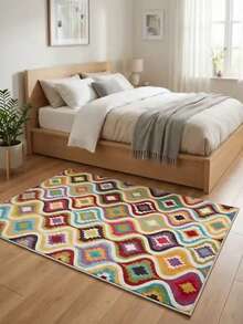 1pc Gold Diamond Velvet + 850g/Sqm + Embossed Base With Earth-Tone Patterned, Inspired By Modern Checkered Design. This Non-Slip, Stain-Resistant, Vintage Bohemian Style Holiday Rug (Moroccan Washable) Is Suitable For Outdoor Patio, Terrace, Balcony And Picnics, Also Can Be Used As Indoor Entrance Rug Or Doormat. - Multicolor - View 3