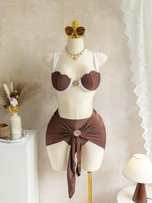 女士夏季贝壳模杯提拉比基尼套装，高腰泳裤和裙子，三件套 - 彩色 - 查看 1