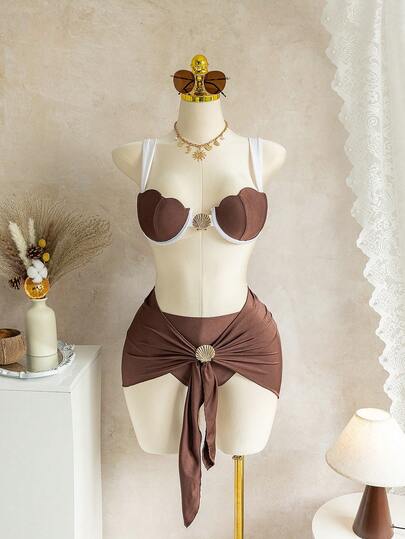 女士夏季贝壳模杯提拉比基尼套装，高腰泳裤和裙子，三件套