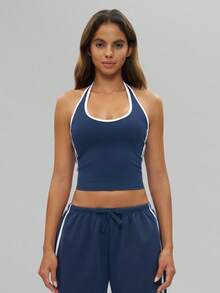 MFVIM 女士春秋季裸色海军蓝吊带运动文胸，白色3D立体线条，层次丰富，亲肤透气面料，舒适休闲运动上衣，适合户外跑步、骑行、普拉提、瑜伽、健身房锻炼，多功能女士运动内衣 - 藏蓝色 - 查看 6