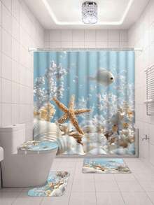 Set de 4 perdele de duș cu model de recif de corali alb, cu 12 cârlige din plastic, covoraș antiderapant pentru baie, capac de toaletă în formă de U, accesorii moderne pentru decorul băii - Multicolor - Vizualizare 7