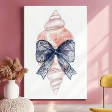 1 pza Arte de pared de verano azul, decoración de playa, cuadro de lienzo con marco, póster vintage, concha, lazo de encaje, azul y blanco - Botánico, acuarela, estilo suave y soñador, regalo ideal, decoración para sala, dormitorio u oficina, incluye herrajes - Vertical - Lienzo enmarcado - Ver 3
