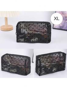 3pcs/Set Large Capacity Fashion Minimalist Transparent Hollow Out Mesh Cosmetic Bag - Black - View 5