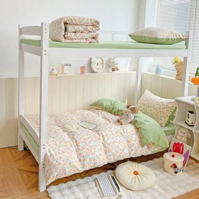 四件套鼠尾草花卉图案被套床单套装，柔软水洗美学床上用品套装，可爱植物叶子印花被套，田园风宿舍装饰