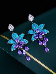 一对异域风情紫色水滴形立方氧化锆吊坠蓝色绿松石花叶长款耳环，黑色镀金立方氧化锆女士波西米亚风配饰，适合婚礼、度假、派对、舞会等场合佩戴。 - 藍色 - 查看 7