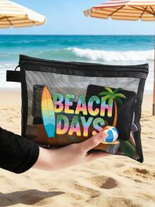 Bolsa de maquillaje de malla de moda, bolsa de malla con estampado de "DÍAS DE PLAYA", bolsa de playa de malla, bolsa de cosméticos de malla, bolsa de playa plegable de gran capacidad impermeable y a prueba de arena, bolsa de regalo personalizada, bolsa de maquillaje, bolsa de almacenamiento de viaje, adecuada para bodas, vacaciones y uso diario, es un regalo de cumpleaños personalizado para mujeres, madres, maestras, amigas, damas de honor, regreso a la escuela, regalo de Pascua - Multicolor - Ver 7
