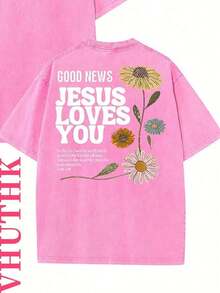 Summer Tops2026VHUTHK Double Sided Printed (230 Pure Cotton T-Shirt) 'JESUS LOVE YOU' Letter And Flower Print, Suitable For Men's Casual, Comfortable, And Fashionable T-Shirts, Street Style Cottonsummer Clothes - 玫紅色 - 查看 2