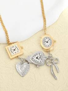 1pc European And American Exaggerated Style Faux Clock, Bow, Heart Pendant Choker Necklace, Women's Hip-Hop Necklace - Multicolor - View 3