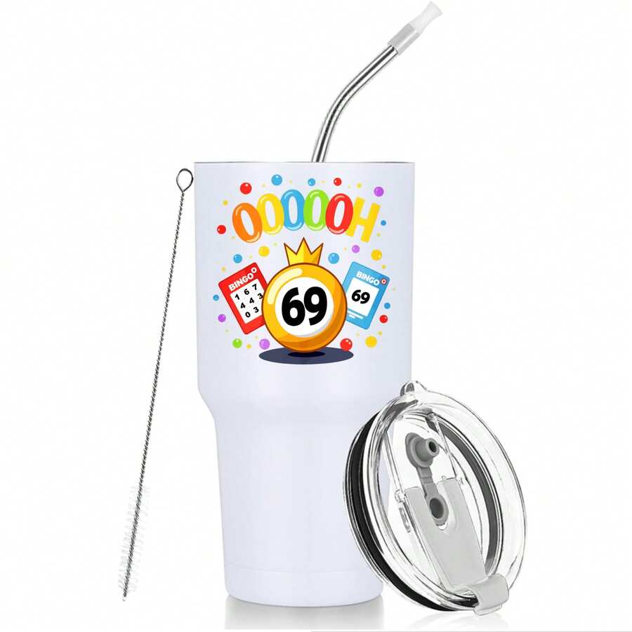 30oz Stainless Steel Tumbler Black White Options,  Colorful Numbers Ball Crown Cards Dice Graphic Cups, Insulated Travel Coffee Mug With Lid And Straw , Double Wall Vacuum Reusable Travel Cups, Funny Birthday Party Gift For Women & Men - 白色 - 查看 1