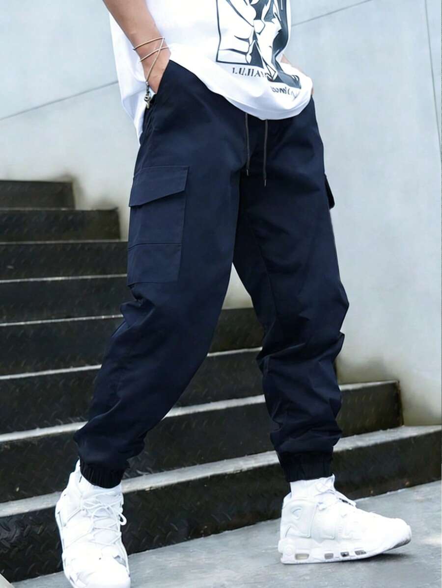Men's Pants, Spring/Autumn Solid Color Multi-Pocket Drawstring Cargo Pants, Loose Comfortable Sweatpants - Blue - View 1