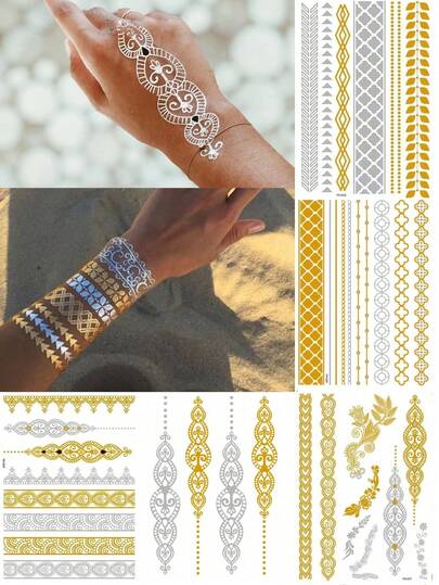 5 Sheets Gold Temporary Tattoos Silver Gold Henna Metallic Tattoos With Feather Mandala Waterproof Glitter Tattoos For Women Makeup Adult Body Art Summer Beach Festival Music Party