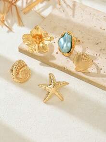 5pcs/Set Fashion Versatile Starfish, Shell, Flower, Baroque Faux Pearl Ring Set, Vacation Style Daily Party Ocean Creature Rings Jewelry Gift For Women - Multicolor - View 10