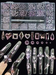 KIRAME 21-Slot DIY Manicure K9 Glass Light Purple Flat Rhinestone Set - 30PCS High Gloss Rhinestones Of Each Type With 1 Rhinestone Drill Pen, Manicure Gems, Manicure Salon, Home Manicure, Manicure Supplies, Christmas, New Year, Valentine's Day Manicure, Holiday Gift, Suitable For Handicrafts, Clothing, Fabrics, Shoes, Glass Products, Jewelry Making - Multi-Size Sparkling Decorations Nails - Màu tím hoa cà - Xem 2