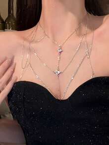 1条极简水晶流苏多层身体链，适合约会、度假、派对、海滩和日常佩戴 - 銀色 - 查看 4