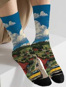 1双360男士袜子——趣味十足的印花图案，包含建筑、蓝天白云和汽车，柔软舒适，弹性极佳。这款时尚休闲的街头嘻哈风360袜子，非常适合作为压缩袜、情人节礼物或宽松的孕妇袜。 - 彩色 - 查看 2