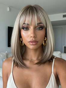 14英寸棕色渐变直发波波头假发，女士款，机织耐热合成假发，带刘海 - 漸層 - 查看 1