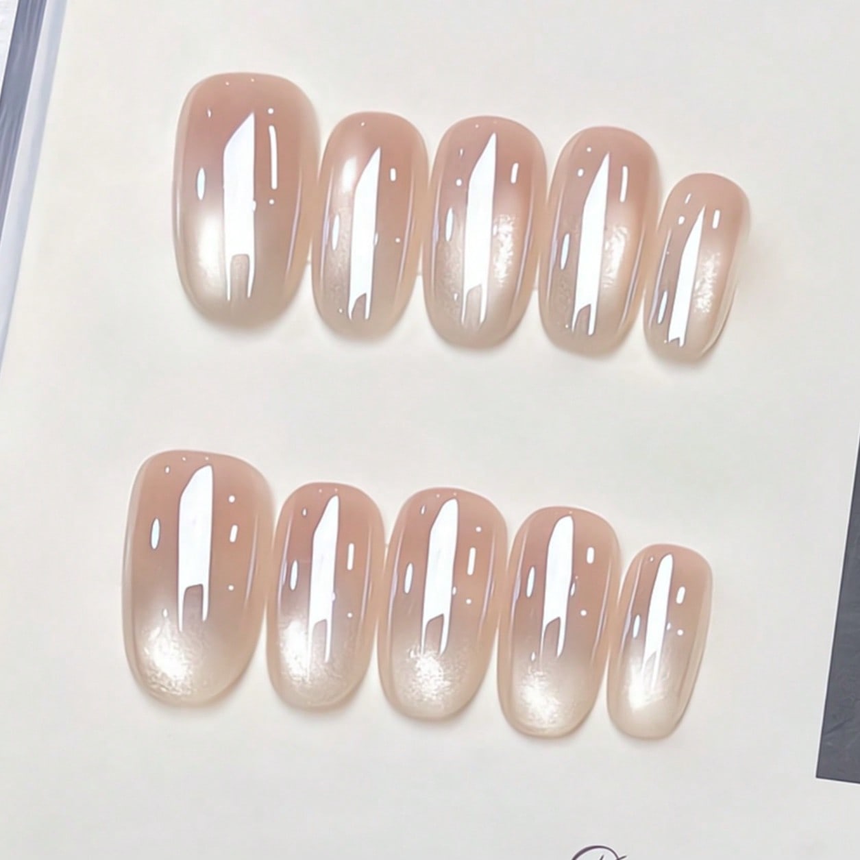 10pcs Middle Oval Fake Nails With Nude Pink To Translucent White Gradient & Mirror Aurora Glitter Design Minimalist Elegant Style 100% Handmade Press On Acrylic Nails Reusable Nail Supplies Including 1pc Jelly Glue,1pc Stick And 1pc Nail File For Women's Daily Or Party Wear