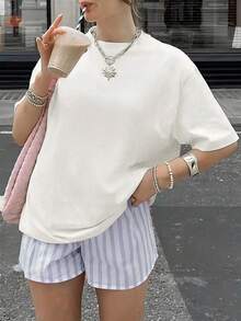 Reise-Hoodie, Damen-Sommer-T-Shirt aus italienischer Wolle mit kurzen Ärmeln, lockeres T-Shirt in Große Größen, Baumwoll-Strickstoff, modischer Streetstyle - Weiss - Übersicht 5
