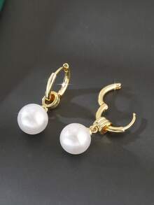 一对优雅铜镶珍珠吊坠耳环，精致高端女士耳环，适合派对和约会礼物 - 珍珠 - 查看 4