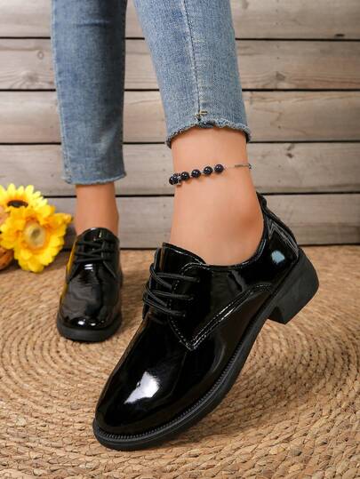 Fashionable Versatile Women's Leather Oxfords, British Style High Heel Lace-Up Chunky Heel Pumps